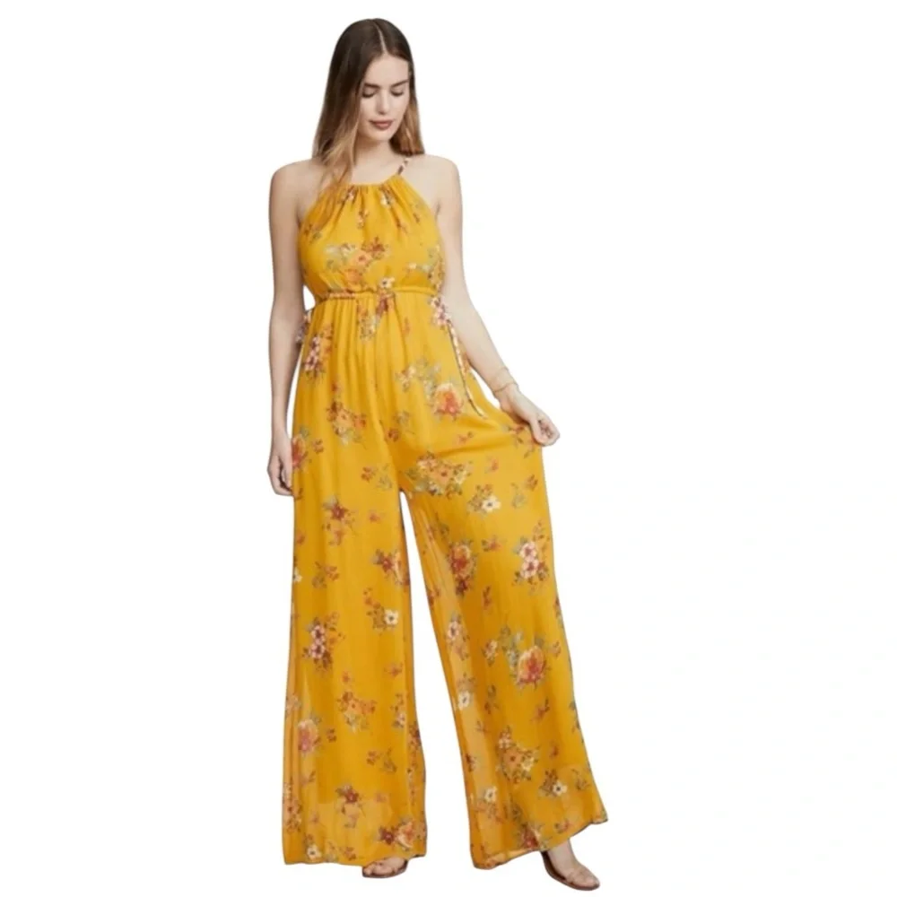 Free People Georgia Floral Golden Yellow Wide Leg Jumpsuit Size Large - Picture 5 of 16